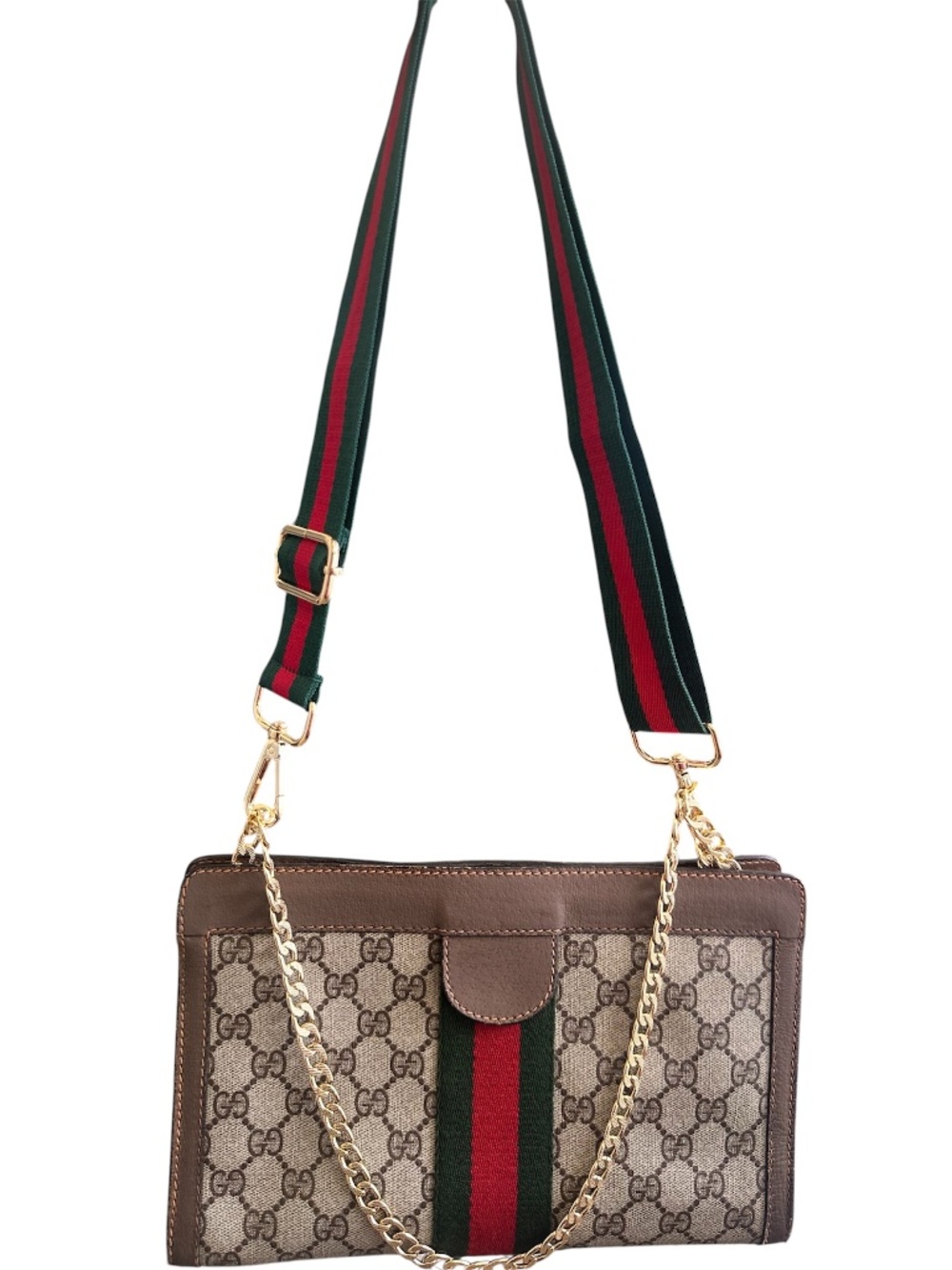 Gucci Vintage Beige & Brown GG Sherry Line Green/Red Web Clutch Bag